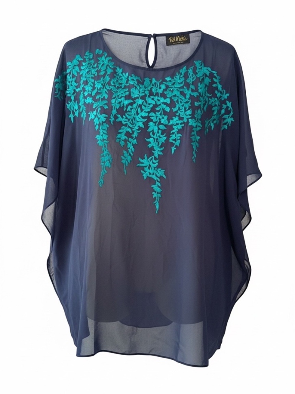 Bob Mackie Wearable Art Womens Navy Chiffon Embroidered Teal Floral Poncho Top
